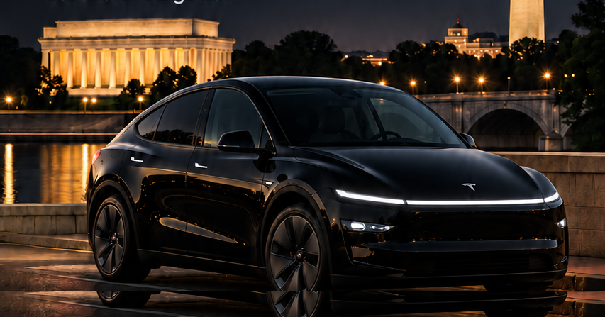 Black Tesla Model Y at night with Lincoln Memorial and Washington Monument